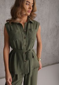 Renee - Ciemnozielony Komplet z Wiskozy Spodnie Wide Leg i Koszula Bez Rękawów z Paskiem Adduin. Kolor: zielony. Materiał: wiskoza #7