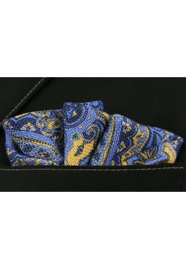 Niebiesko-Żółta Męska Poszetka -EM Men's Accessories- Wzór Orientalny. Kolor: niebieski, żółty, wielokolorowy, złoty. Materiał: bawełna