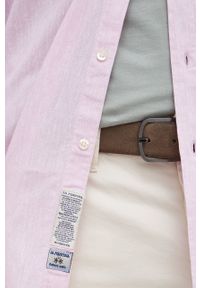 La Martina koszula z domieszką lnu męska kolor różowy slim z kołnierzykiem button-down. Typ kołnierza: button down. Kolor: różowy. Materiał: len. Długość rękawa: długi rękaw. Długość: długie. Wzór: aplikacja #4