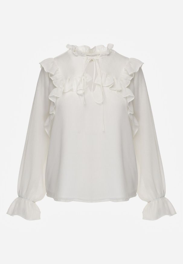 Born2be - Biała Romantyczna Bluzka z Falbankami i Wiązaniem przy Dekolcie Zeaniyana. Okazja: na spacer, na co dzień, na spotkanie biznesowe. Typ kołnierza: kołnierz z falbankami. Kolor: biały. Materiał: poliester, jeans. Styl: casual, biznesowy