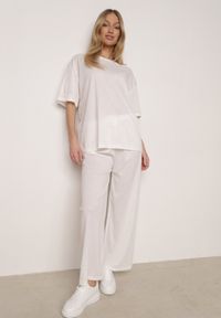 Born2be - Biały Komplet Oversize z Cyrkoniami T-shirt i Spodnie Arnatea. Kolor: biały. Wzór: aplikacja #1