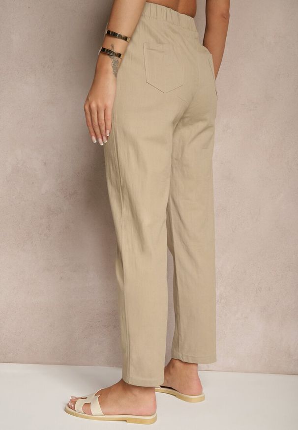 Renee - Ciemnobeżowe Bawełniane Spodnie ze Sznurkami Fenarlia. Kolor: beżowy. Materiał: bawełna. Styl: sportowy