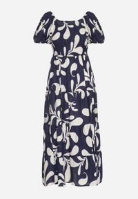 Born2be - Granatowa Rozkloszowana Sukienka z Elastyczną Górą i Bufiastymi Rękawami Orrivene. Okazja: na co dzień. Typ kołnierza: dekolt kwadratowy. Kolor: niebieski. Typ sukienki: proste. Styl: casual, elegancki #2