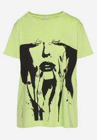 Born2be - Jasnozielony Bawełniany T-shirt z Nadrukiem i Cyrkoniami Cignelia. Kolor: zielony. Materiał: bawełna. Wzór: nadruk