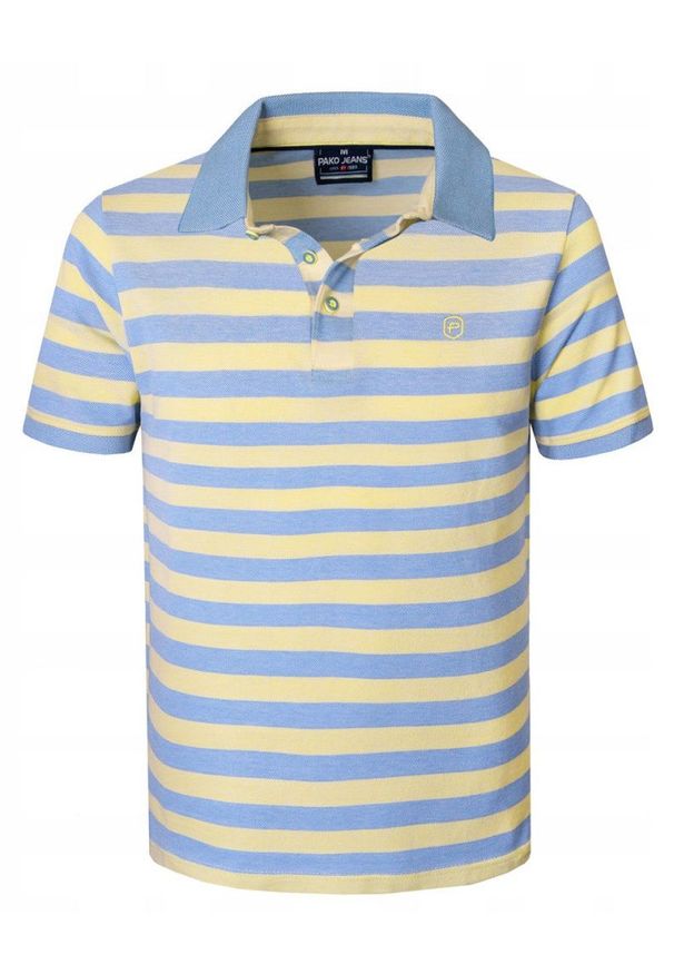 Bawełniana, Męska Koszulka Polo - Pako Jeans - Żółte Pasy. Okazja: na co dzień. Typ kołnierza: polo. Kolor: żółty, wielokolorowy, złoty. Materiał: bawełna. Wzór: prążki, paski. Styl: casual