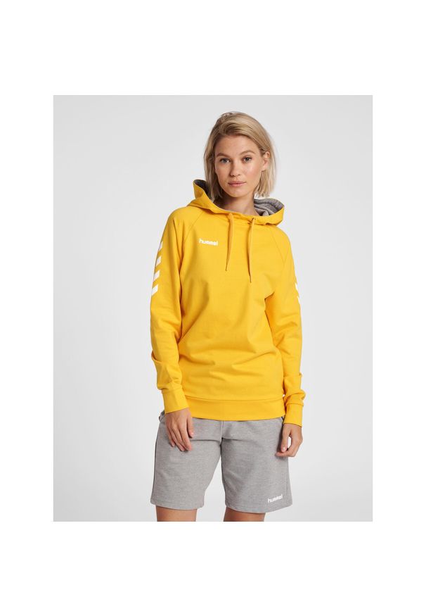 Bluza sportowa z kapturem damska Hummel Go Cotton Hoodie Woman. Typ kołnierza: kaptur. Kolor: żółty, pomarańczowy, wielokolorowy. Sport: fitness