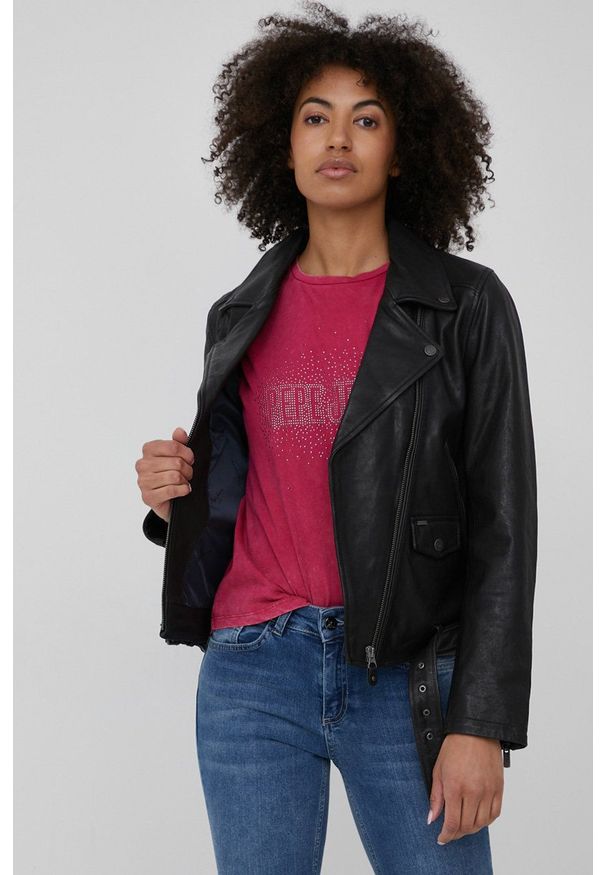 Pepe Jeans ramoneska skórzana FIFY damska kolor czarny przejściowa. Okazja: na co dzień. Kolor: czarny. Materiał: skóra. Styl: klasyczny, casual