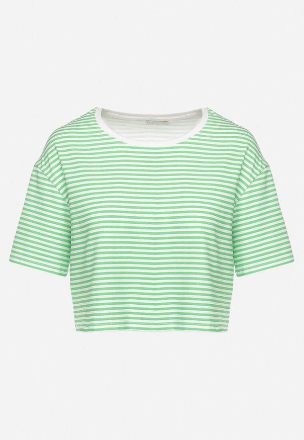 Born2be - Zielony Bawełniany T-shirt o Oversizowym Krótkim Fasonie w Cienkie Paski Lakrida. Okazja: na co dzień. Kolor: zielony. Materiał: bawełna. Długość: krótkie. Wzór: paski. Styl: klasyczny, casual