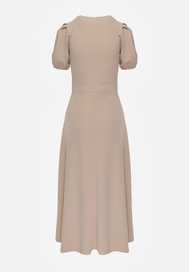 Renee - Jasnobeżowa Rozkloszowana Sukienka z Lekko Bufiastymi Rękawami i Dekoltem V Efrusae. Okazja: na co dzień. Kolor: beżowy. Typ sukienki: proste, dopasowane. Styl: klasyczny, casual