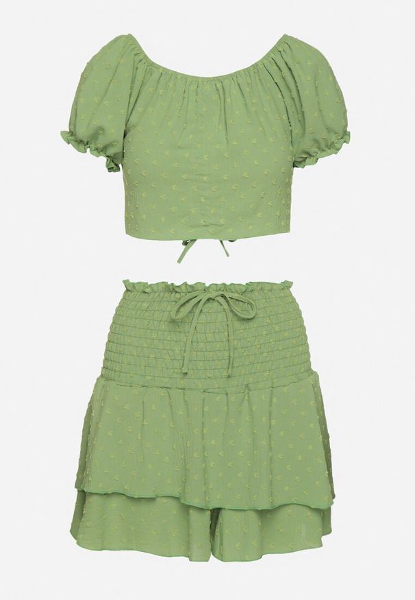 Born2be - Jasnozielony Komplet z Tłoczonej Tkaniny Spódnico-Szorty i Bluzka Hiszpanka Sariloria. Kolor: zielony. Materiał: tkanina