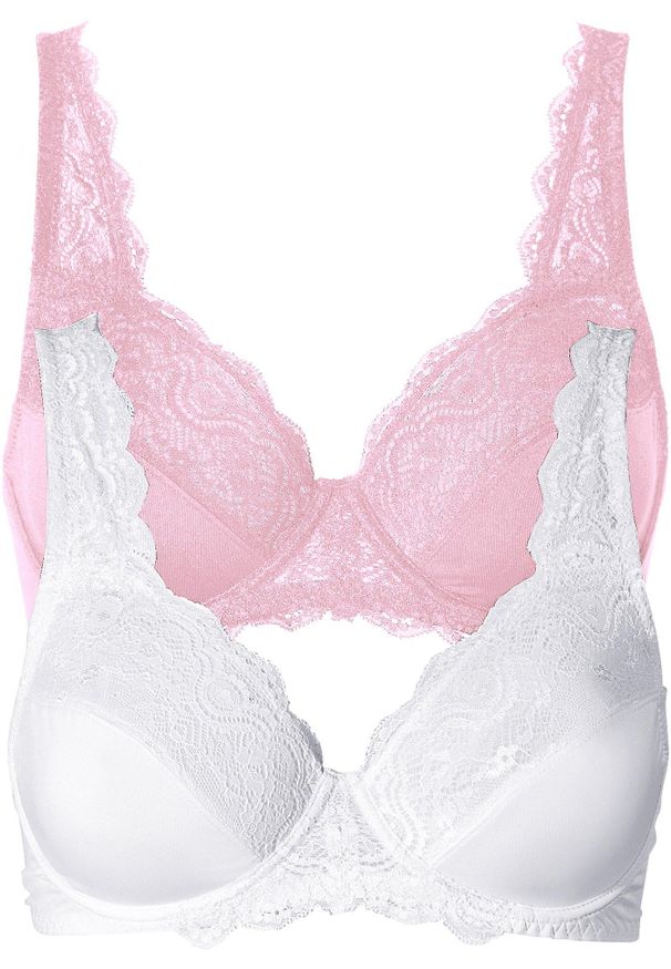 bonprix - Biustonosz na fiszbinach z delikatną koronką (2 szt.). Kolor: różowy. Materiał: koronka. Wzór: aplikacja, koronka