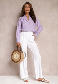 Renee - Fioletowa Bluzka z Bufiastymi Rękawami i Trójkątnym Dekoltem Hilko. Okazja: na co dzień. Kolor: fioletowy. Materiał: wiskoza. Styl: elegancki, casual