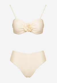 Born2be - Beżowe Bikini Biustonosz z Kwiatem 3D i Majtki Typu Figi Telanea. Kolor: beżowy. Wzór: kwiaty #6