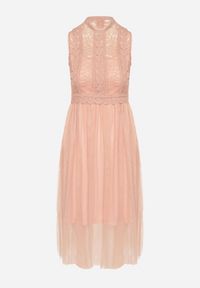 Born2be - Ciemnoróżowa Koronkowa Sukienka Midi z Rozkloszowanym Dołem z Tiulu Peirene. Kolor: różowy. Materiał: tiul, koronka. Wzór: aplikacja. Długość: midi #3