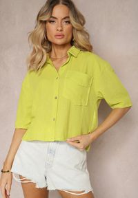 Renee - Jasnozielona Krótka Koszula z Dłuższym Tyłem Efilin. Typ kołnierza: dekolt w serek. Kolor: zielony. Materiał: jeans. Długość: krótkie. Styl: elegancki #3