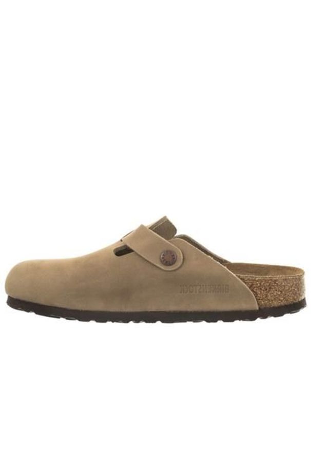 Klapki męskie Birkenstock Boston Tabacco. Zapięcie: bez zapięcia. Kolor: brązowy. Materiał: materiał. Szerokość cholewki: normalna. Sport: turystyka piesza, pływanie, fitness