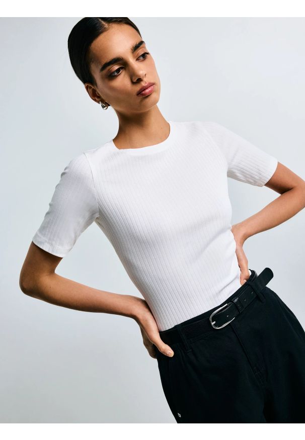 Big-Star - Koszulka damska w prążek biała Alessa 100. Okazja: na co dzień. Kolor: biały. Materiał: żakard, dzianina, prążkowany, jeans. Wzór: prążki. Styl: elegancki, casual