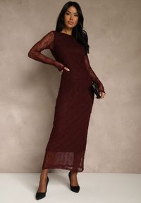 Renee - Bordowa Koronkowa Sukienka Typu Longsleeve o Dopasowanym Kroju Zenoresa. Kolor: czerwony. Materiał: koronka. Długość rękawa: długi rękaw. Typ sukienki: oversize. Styl: elegancki #2