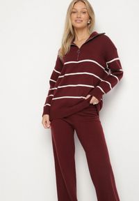 Born2be - Bordowy Dzianinowy Komplet z Wełną Spodnie i Sweter w Paski z Suwakiem Ralineda. Kolor: czerwony. Materiał: dzianina, wełna. Wzór: paski #3