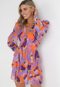 Born2be - Fioletowa Sukienka Mini z Cienkimi Gumkami w Pasie i Szerokimi Rękawami Jakaria. Okazja: na co dzień. Kolor: fioletowy. Typ sukienki: proste. Styl: casual. Długość: mini #2