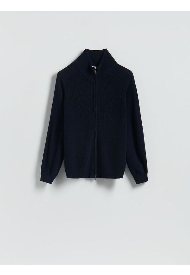 Reserved - Rozpinany sweter z wełny - granatowy. Kolor: niebieski. Materiał: wełna