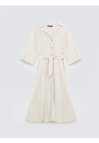 Big-Star - Sukienka damska midi koszulowa w prążek perłowa Kemesi 103. Okazja: na co dzień, do pracy. Typ kołnierza: kołnierzyk klasyczny. Kolor: kremowy. Wzór: prążki. Typ sukienki: koszulowe. Materiał: tkanina, len. Długość rękawa: krótki rękaw. Sezon: lato. Styl: casual, elegancki, klasyczny. Długość: midi #1