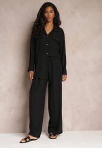 Renee - Czarny 2-częsciowy Komplet Casual z Szerokimi Spodniami i Koszulą Oversize Hyparissa. Kolor: czarny #1