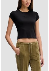 Juicy Couture - JUICY COUTURE Czarny damski t-shirt Capped Baby Sleeve, Rozmiar S. Okazja: na co dzień. Kolor: czarny. Materiał: materiał. Długość rękawa: krótki rękaw. Długość: krótkie. Styl: casual, klasyczny #3