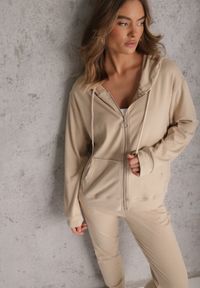 Renee - Beżowy Komplet Dresowy Spodnie Joggery i Bluza z Kapturem na Suwak Bernika. Kolor: beżowy. Materiał: dresówka. Wzór: gładki #4