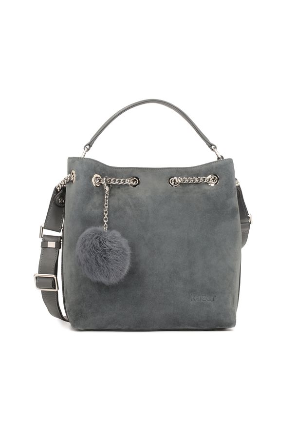 Kazar - Szara torebka typu worek z licowej skóry i zamszu. Kolor: szary. Materiał: zamszowe, skórzane. Styl: casual