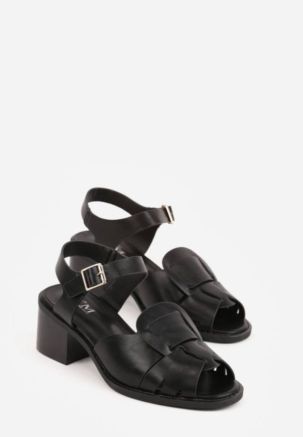 Renee - Czarne Sandały na Słupku z Geometryczną Cholewką Aiganele. Zapięcie: sprzączka. Kolor: czarny. Materiał: jeans. Wzór: geometria. Obcas: na słupku. Styl: klasyczny. Wysokość obcasa: średni