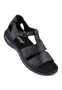 Skórzane komfortowe sandały damskie na rzep czarne Rieker 64865-01. Zapięcie: rzepy. Kolor: czarny. Materiał: skóra