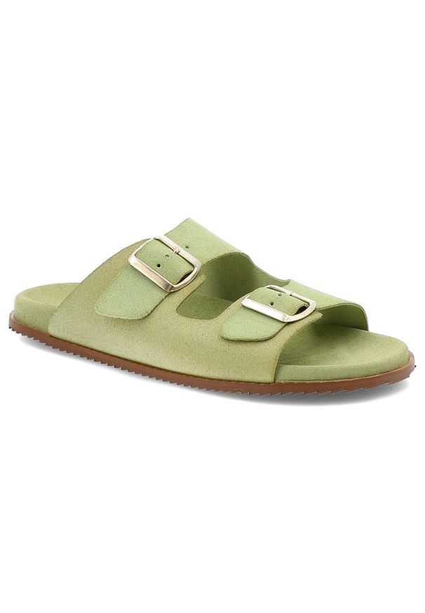 Zielone Klapki Hee Modne Skórzane Obuwie Damskie. Kolor: zielony. Materiał: skóra. Wzór: paski. Sezon: lato. Styl: elegancki, wakacyjny