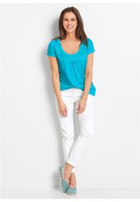 Shirt bawełniany z koronką i krótkim rękawem bonprix błękit laguny. Kolor: niebieski. Materiał: bawełna, koronka. Długość rękawa: krótki rękaw. Długość: krótkie. Wzór: koronka #5