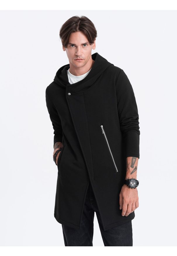Ombre Clothing - Długa bluza męska z asymetrycznym zapięciem HAGA - czarna - Rozmiar: L. Kolor: czarny. Materiał: bawełna, poliester. Długość: długie. Wzór: aplikacja. Styl: klasyczny