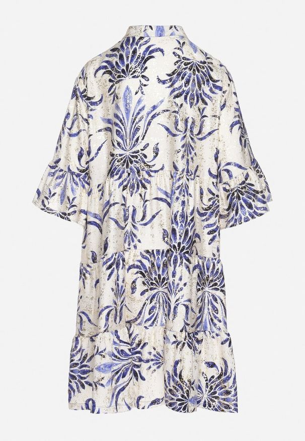 Born2be - Niebieska Rozkloszowana Sukienka z Lnem z Metalicznym Nadrukiem Filasenia. Okazja: na spacer. Typ kołnierza: dekolt w kształcie V, kołnierz z falbankami. Kolor: niebieski. Materiał: len. Wzór: nadruk. Sezon: lato. Styl: elegancki