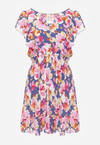 Renee - Niebiesko-Różowa Taliowana Bawełniana Sukienka w Kwiaty z Falbanami przy Ramionach z Gumką w Talii Nelova. Kolor: niebieski. Materiał: bawełna. Długość rękawa: krótki rękaw. Wzór: kwiaty. Styl: elegancki, wizytowy #4