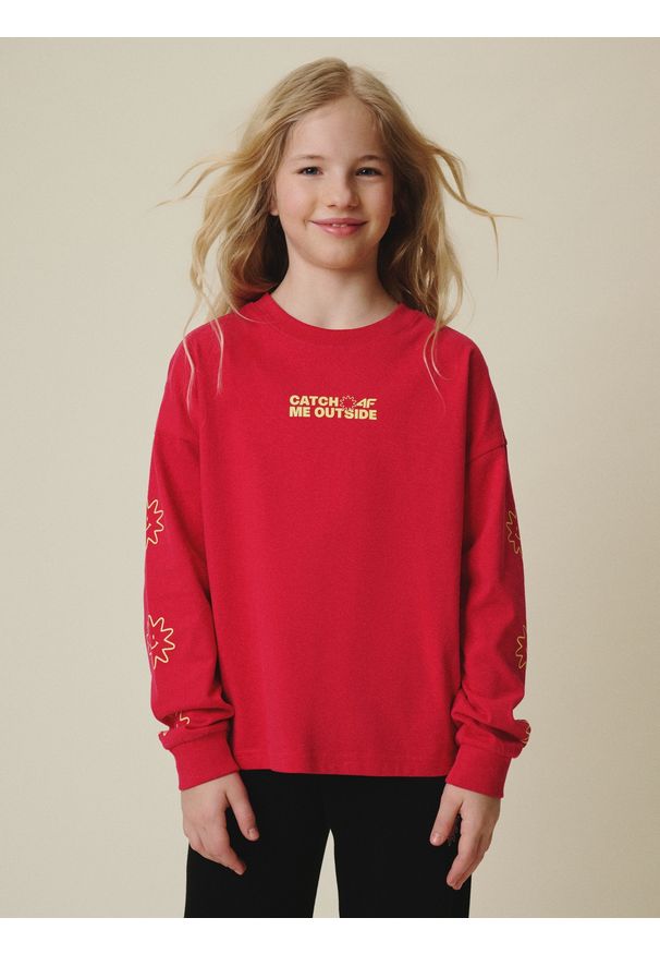 4f - 4F Longsleeve loose z nadrukiem dziewczęcy - różowy 122/128 (6-8 lat). Okazja: na co dzień, na uczelnię. Kolor: różowy. Materiał: dzianina, bawełna, skóra. Długość rękawa: długi rękaw. Wzór: nadruk. Sezon: lato. Styl: casual