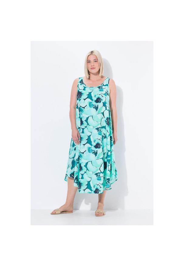ULLA POPKEN - Damskie Sukienka midi kwiaty krój trapezowy okrągły dekolt bez rękawów. Kolekcja: plus size. Kolor: wielokolorowy, niebieski, turkusowy. Materiał: materiał, wiskoza. Długość rękawa: bez rękawów. Wzór: kwiaty. Typ sukienki: trapezowe. Styl: sportowy. Długość: midi