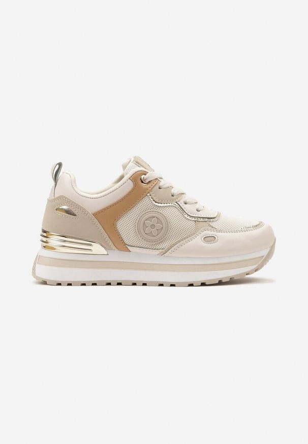 Renee - Beżowe Sneakersy na Niskiej Platformie z Metalicznym Paskiem za Kostkę Dapphira. Okazja: na co dzień. Wysokość cholewki: za kostkę. Nosek buta: okrągły. Zapięcie: pasek. Kolor: beżowy. Materiał: jeans, skóra. Obcas: na platformie
