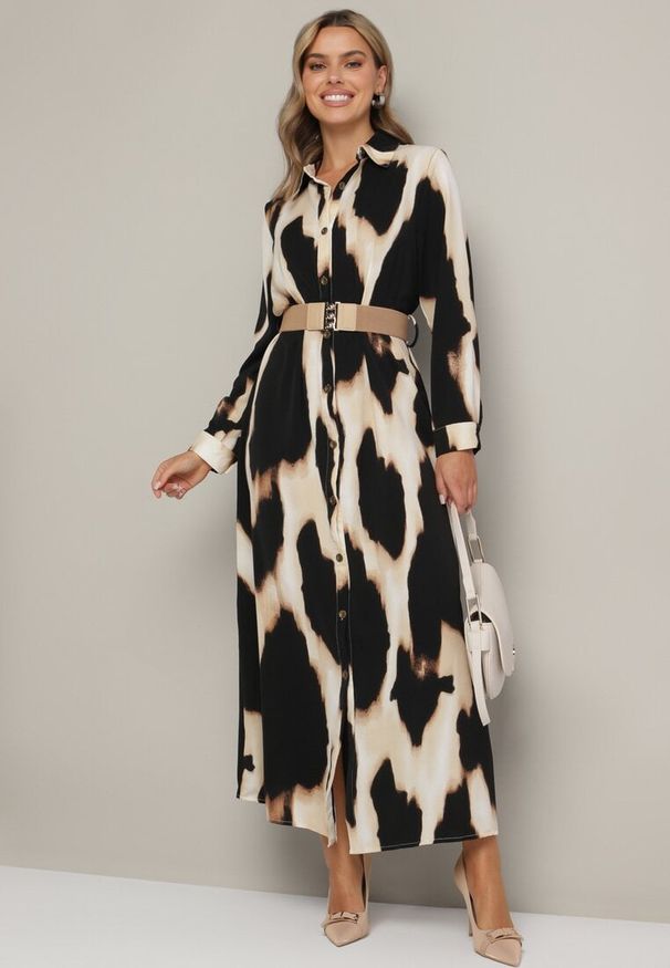 Born2be - Beżowo-Czarna Panterkowa Sukienka w Koszulowym Stylu z Elastycznym Paskiem Tinellea. Okazja: do pracy. Typ kołnierza: dekolt w serek. Kolor: beżowy. Materiał: skóra. Typ sukienki: koszulowe. Styl: elegancki