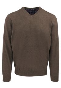 Męski, Bawełniany Sweter w Serek (V-neck) - Adriano Guinari - Brązowy. Okazja: do pracy, na co dzień, na spotkanie biznesowe. Typ kołnierza: dekolt w serek. Kolor: wielokolorowy, beżowy, brązowy. Materiał: bawełna. Styl: klasyczny, casual, elegancki, biznesowy #1
