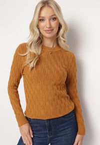 Born2be - Jasnobrązowy Klasyczny Sweter z Tłoczonym Zdobieniem Nainea. Okazja: na co dzień. Kolor: brązowy. Wzór: aplikacja. Styl: klasyczny #1