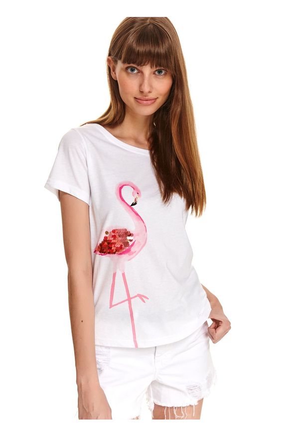 DRYWASH - T-shirt damski z cekinami, z flamingiem. Kolor: biały. Materiał: tkanina, bawełna. Długość rękawa: krótki rękaw. Długość: krótkie. Wzór: nadruk. Sezon: lato