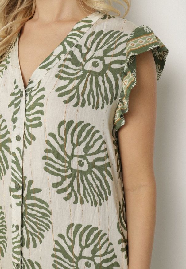 Born2be - Zielona Koszulowa Sukienka z Wiskozą i Geometrycznym Wzorem Siledia. Okazja: na co dzień. Typ kołnierza: kołnierz z falbankami. Kolor: zielony. Materiał: wiskoza. Wzór: geometria. Typ sukienki: koszulowe. Styl: casual, elegancki