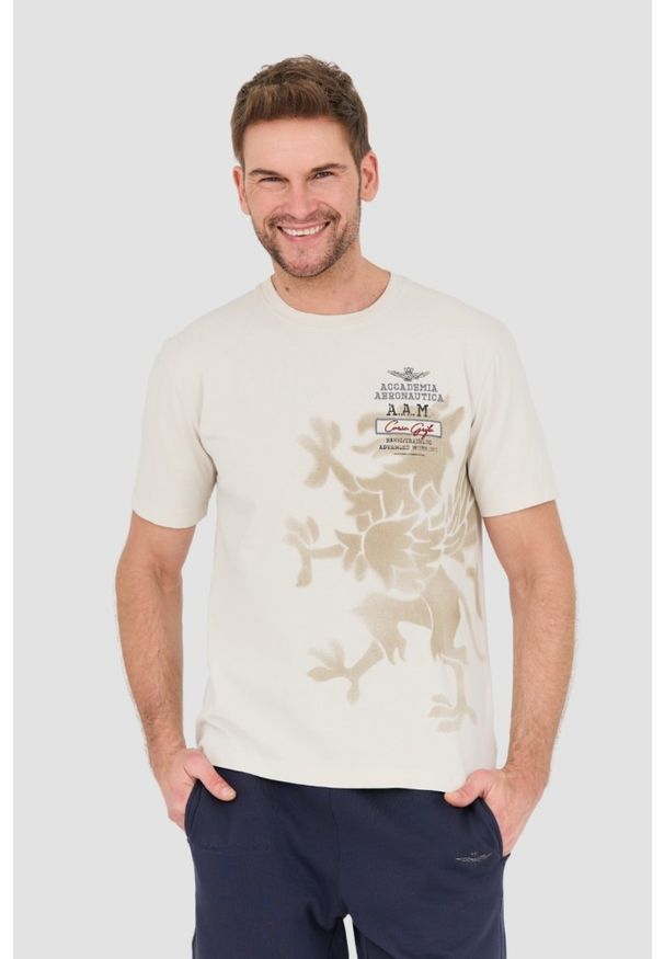 Aeronautica Militare - AERONAUTICA MILITARE Beżowy bawełniany męski t-shirt M.C., Rozmiar XXL. Kolor: beżowy. Materiał: bawełna