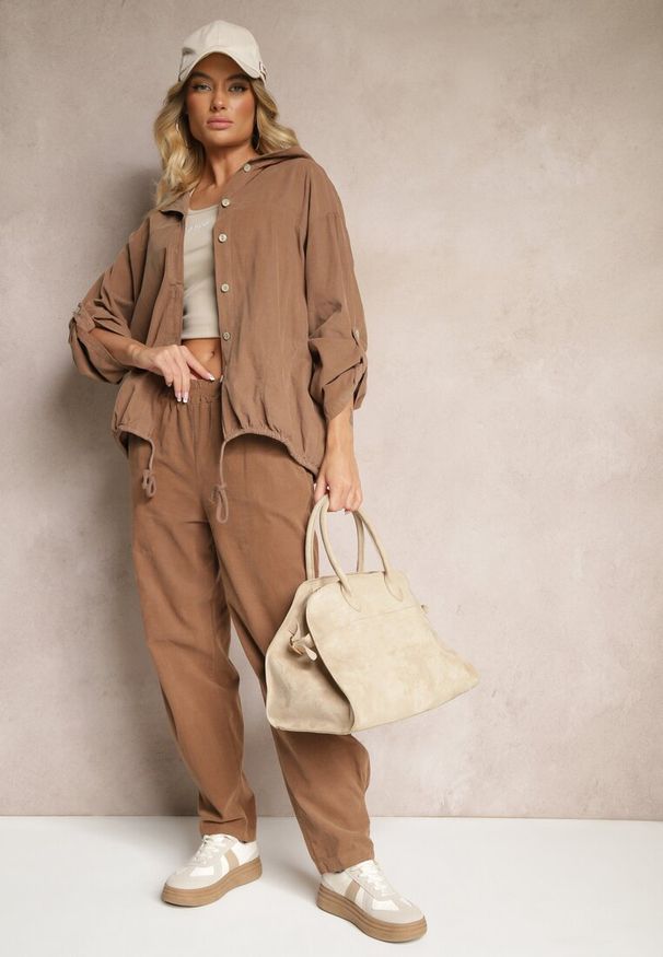 Renee - Brązowe Spodnie z Bawełny High Waist Galili. Okazja: na co dzień. Stan: podwyższony. Kolor: brązowy. Materiał: bawełna. Styl: casual, klasyczny, elegancki