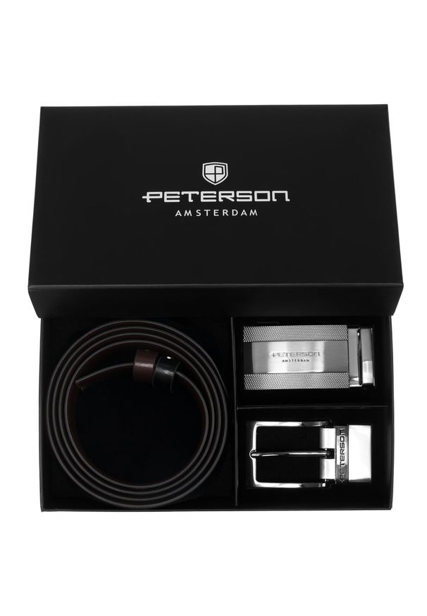 Zestaw prezentowy: dwustronny pasek skórzany w brązowym i czarnym kolorze Peterson PTN KL-B007S001. Kolor: czarny, wielokolorowy, brązowy. Materiał: skóra. Styl: elegancki