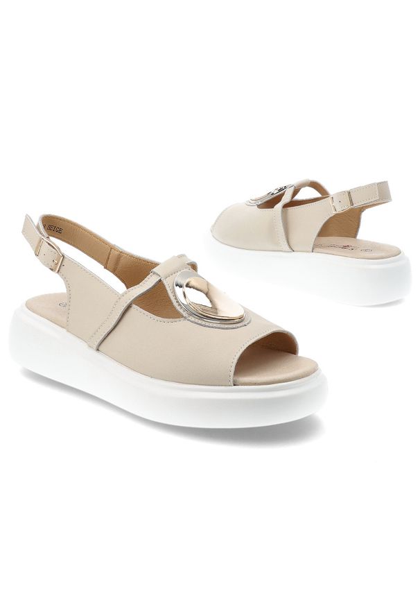 S.Barski - Sandały damskie S. Barski, na platformie skórzane z ozdobą i na sprzączkę, beżowe, GR51-603. Okazja: na co dzień. Zapięcie: sprzączka. Kolor: beżowy. Materiał: skóra. Wzór: aplikacja. Sezon: lato. Obcas: na platformie. Styl: casual, elegancki