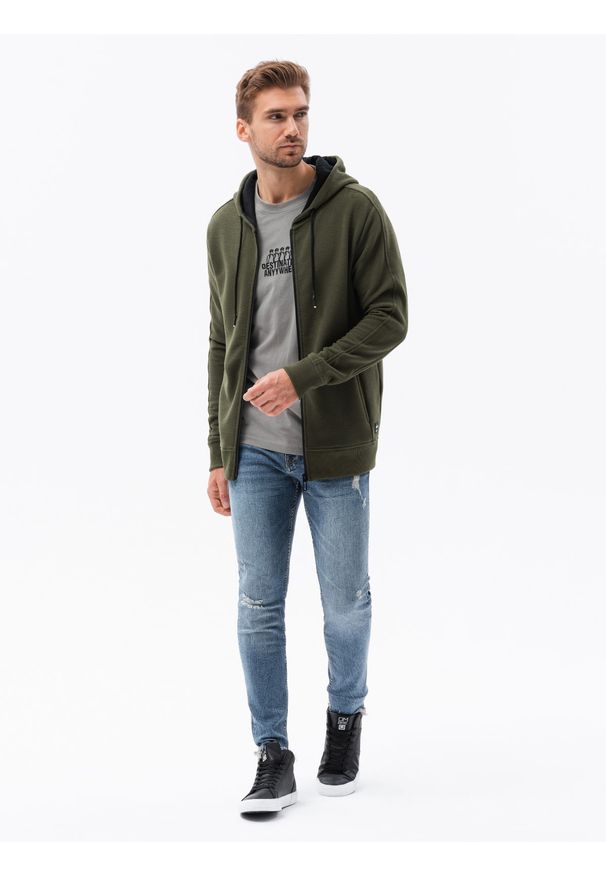 Ombre Clothing - Bluza męska rozpinana z kapturem B1157 - oliwkowa - XXL. Typ kołnierza: kaptur. Kolor: oliwkowy. Materiał: bawełna, poliester